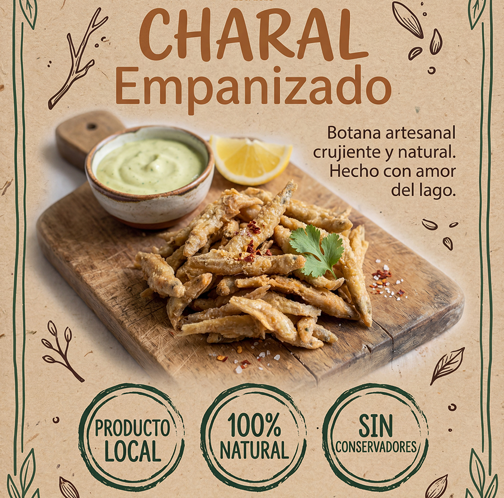 firefly gemini flash crea un flyer estilo natural artesanal para “charal empanizado”. paleta kraft, verde 884254